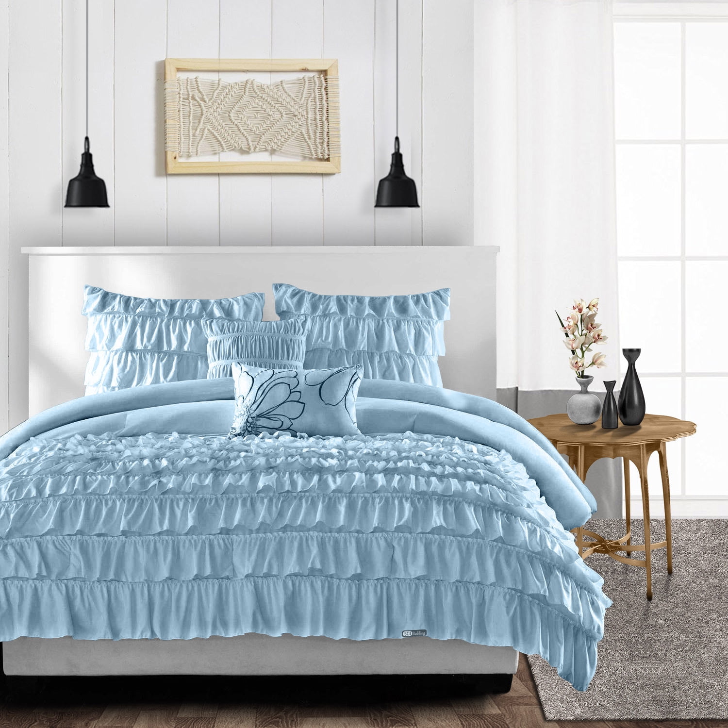 SGI Bedding 3 Piece Cotton Multi Ruffle Duvet Cover Light Blue Solid