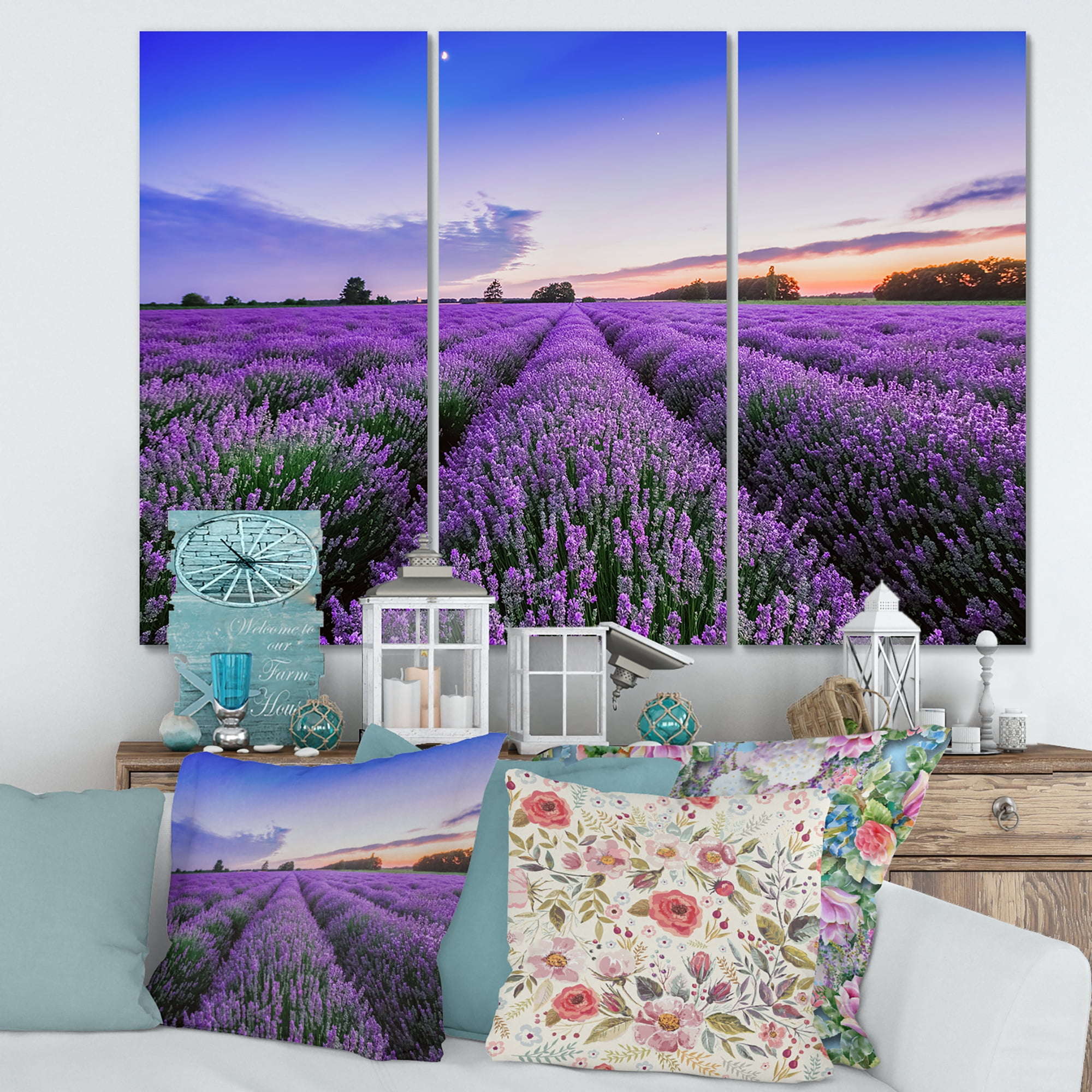 Designart ' Dramatic Clouds and Sunrise Over Lavender Field II ' Farmhouse Canvas Wall Art Print