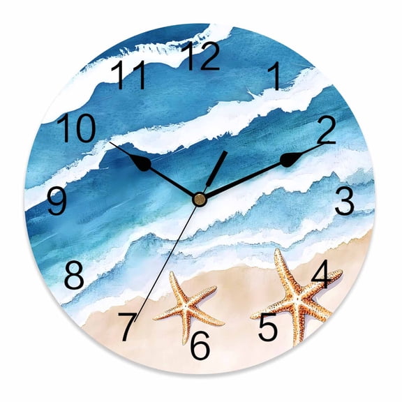 Wall Clock 14 Inch Coastal Beach Round Silent Decorative Wall Clocks Battery Operated for Living Room Bedroom Kitchen Classroom Decor, Abstract Ocean Waves Starfish Blue,Large