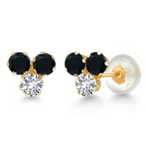 Gem Stone King 14K Yellow Gold Black Onyx and White Created Sapphire Three Stone Stud Earrings for Women (0.66 Cttw, Gemstone December Birthstone, Round 3MM)