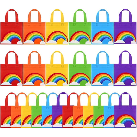 Rainbow Party Favor Bags 24 Pack, 8×8 Inch Non-Woven Gift Bags, Multi-Color Goodie Treat Bags for Birthday Wedding Party Decorations