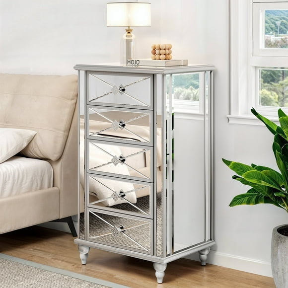 Mirrored Finish 5 Drawers Dresser, Drawers Chest Storage Organizer for Living Room, Silver
