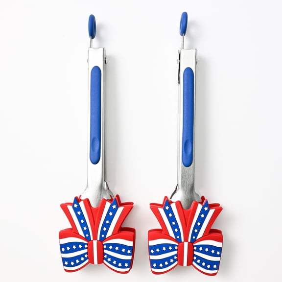 Cook with Color 2-Piece Mini Tongs Set, Stainless Steel with 3D Americana Bow Silicone Tips and Blue Grip, Patriotic