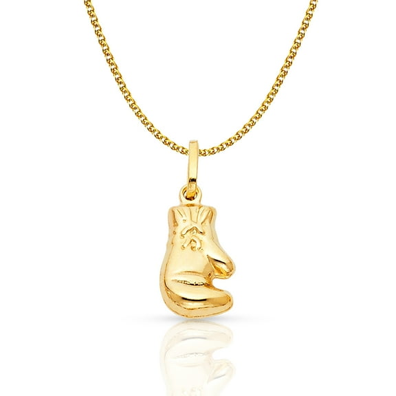 14K Yellow Gold Single Boxing Glove Charm Pendant with 1.2mm Flat Open Wheat Chain Necklace