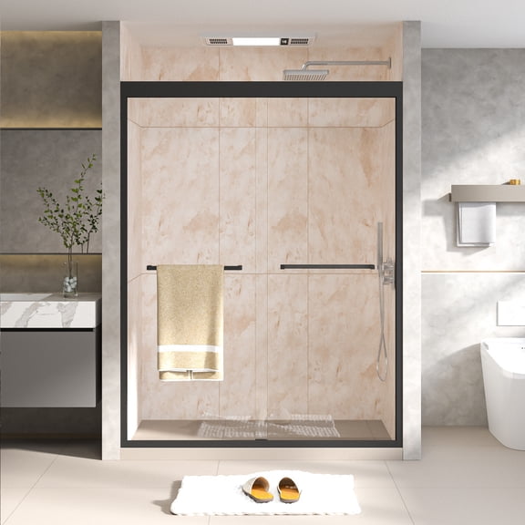 50-54"W x 70"H Semi-Frameless Double Sliding Shower Door, 1/4"(6mm) Glass, Black