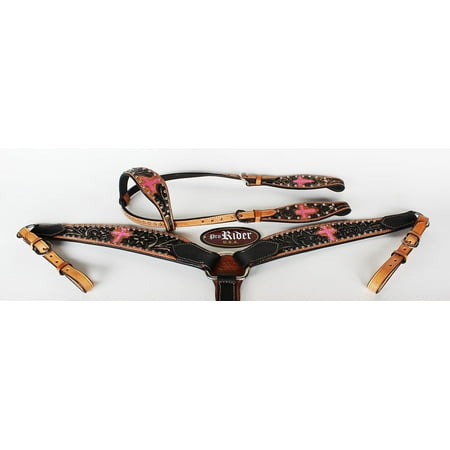 Single Breasted Standing Collar - Horse Western Riding Leather Bridle Headstall Breast Collar Tack Pink Cross 7684