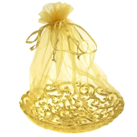 Raspberry Swirl Basket - Organza Wrap Basket with Plastic Swirl Tray, 8-Inch, Gold