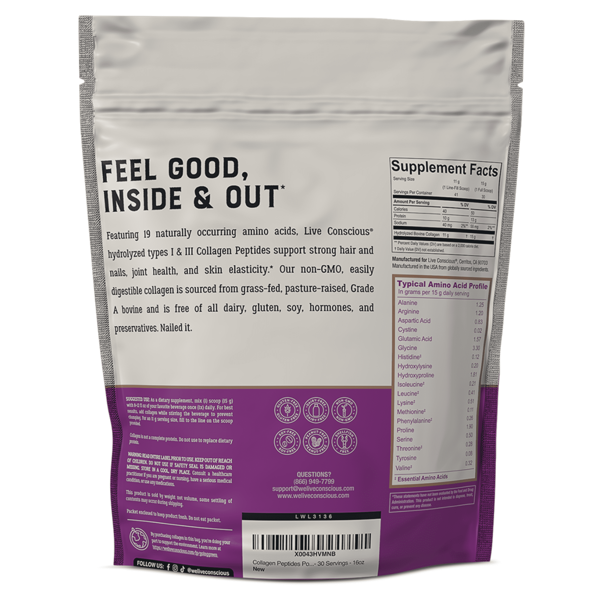Live Conscious Collagen Peptides Hydrolyzed Powder, 11 g, 82 Servings (2-Pack)