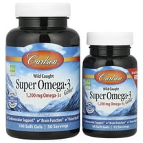 Carlson - Super Omega-3 Gems, 1200 mg Omega-3s, Norwegian, Wild Caught, Sustainably Sourced, Bonus Bottle, 100 30 Softgels