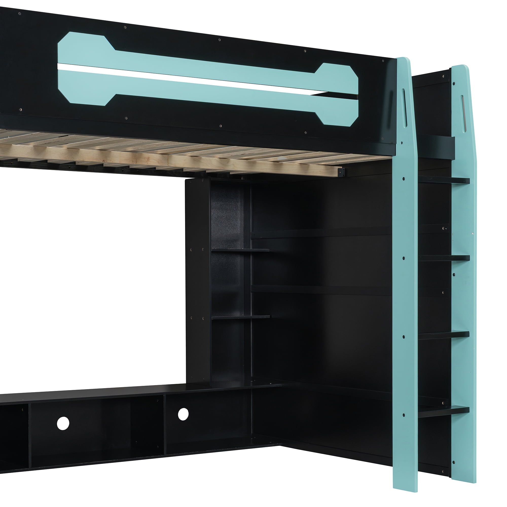 Mintazer Esports Full Size Loft Bed Frame with Gaming Desk & RGB Lights, Gaming Loft Bed with Open Storage Shelves & Charge Station for Teen Boys Bedroom, Blue