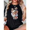 thumbnail image 1 of Women's Adorable Reindeer Heart Graphic Tee - Casual & Sporty Round Neck Short Sleeve, Comfortable Polyester Blend Summer Top, Machine Washable, Everyday Tee|Cute Animal Print|Glossy Texture, 1 of 8