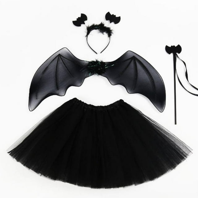 4 Uds. Disfraz de Halloween para niñas, vestido, falda de malla negra con diadema, varita de ala de murciélago, accesorios de Cosplay para fiesta de Halloween