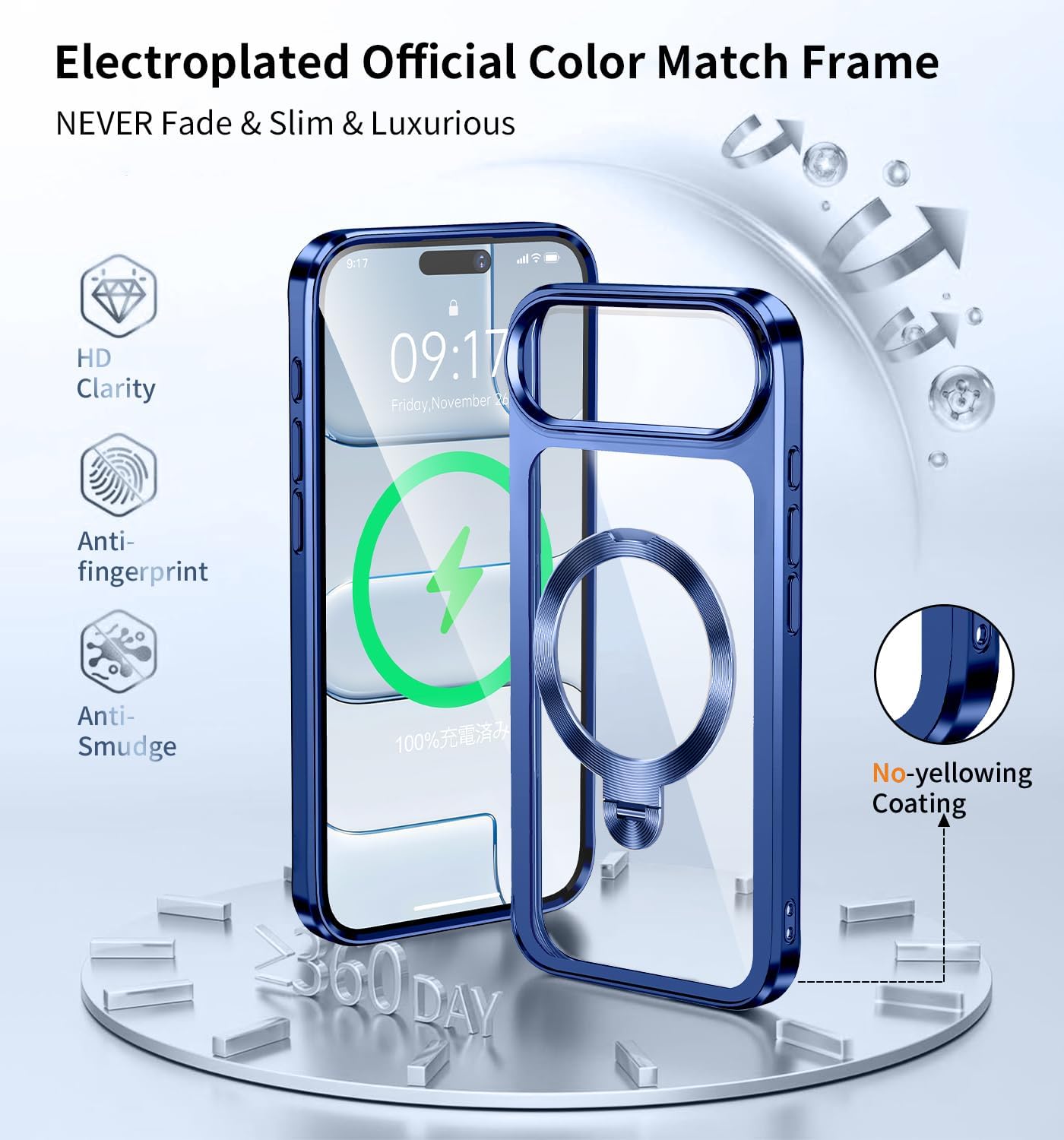 JETeacka CD Metal Ring & Invisible 360° Spin Stand Magnetic Case for iPhone 17 Air Electroplated Bumper Compatible with MagSafe Slim Clear Cover-Blue