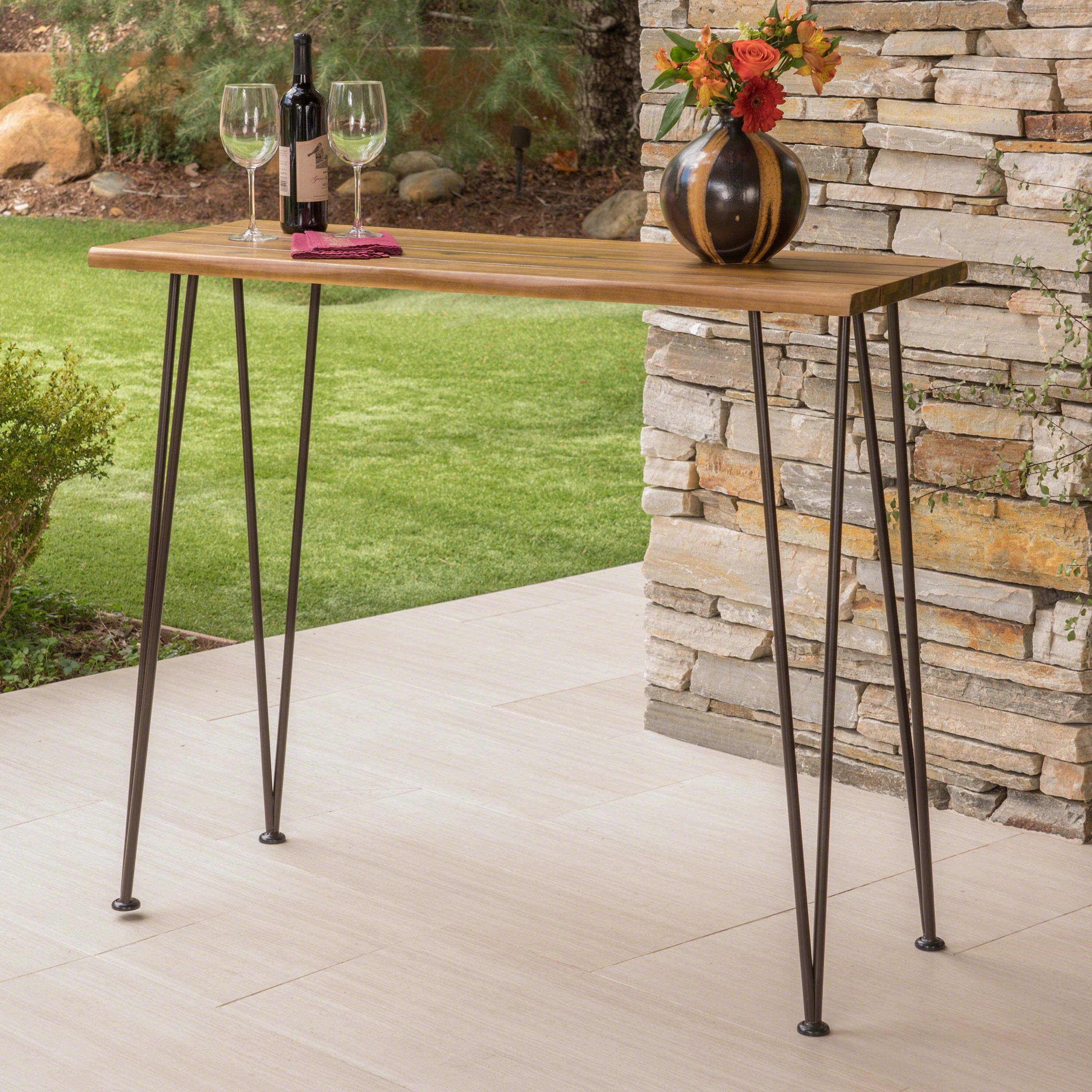 Jacob Outdoor Industrial Acacia Wood Bar Table, Teak Finish