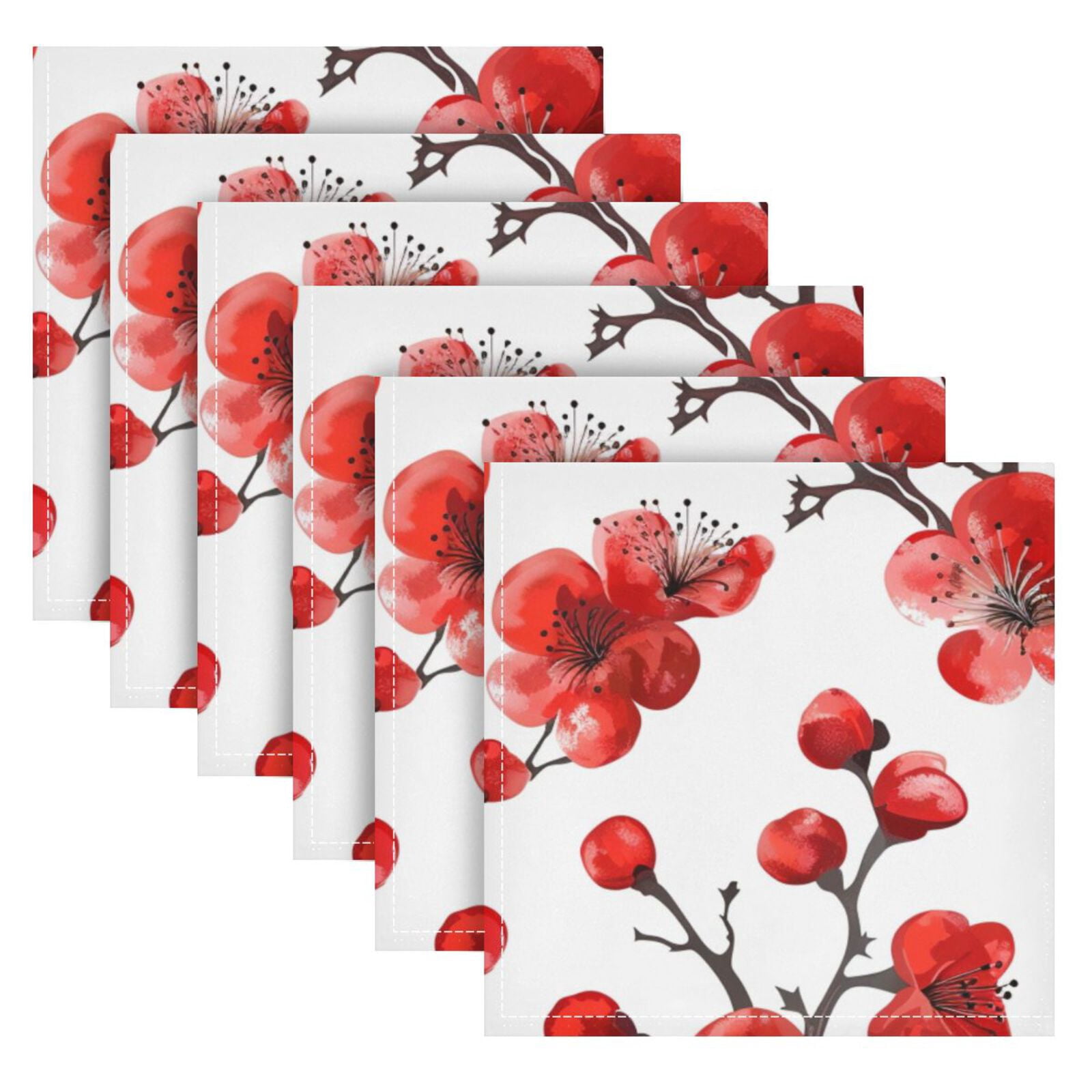 JSTEL Red Cherry Blossom Flower Cloth Napkins Set of 6, 20x20 Inch Washable and Reusable Napkin for Decoupage Dinner Party Everyday Use