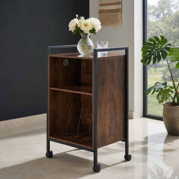 Topcobe Mobile Record Player Stand With Power Outlet, End Tables Living Room, Modern Furniture for Home-Rustic Brown