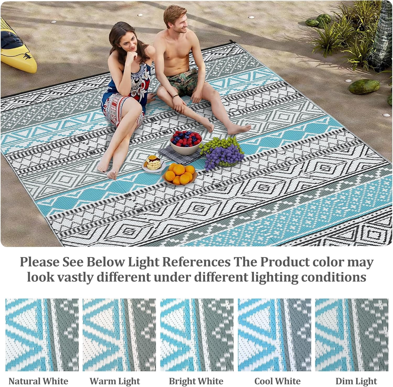 Twister.CK 9' x 18' Plastic Outdoor Rugs, Waterproof Bohemia Straw Rug Reversible Outside Carpet for Patio Deck Porch Backyard Camping Picnic Beach, Blue & Gray