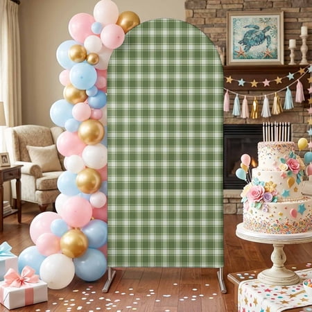 Green Plaid Arch Backdrop Covers 5 FT Country Rustic Farmhouse Classic Minimalist Checkered Stretchy Fitted Arched Stand Covers Party Arch Stand Cover Photo Booth for Wedding Birthday Decor