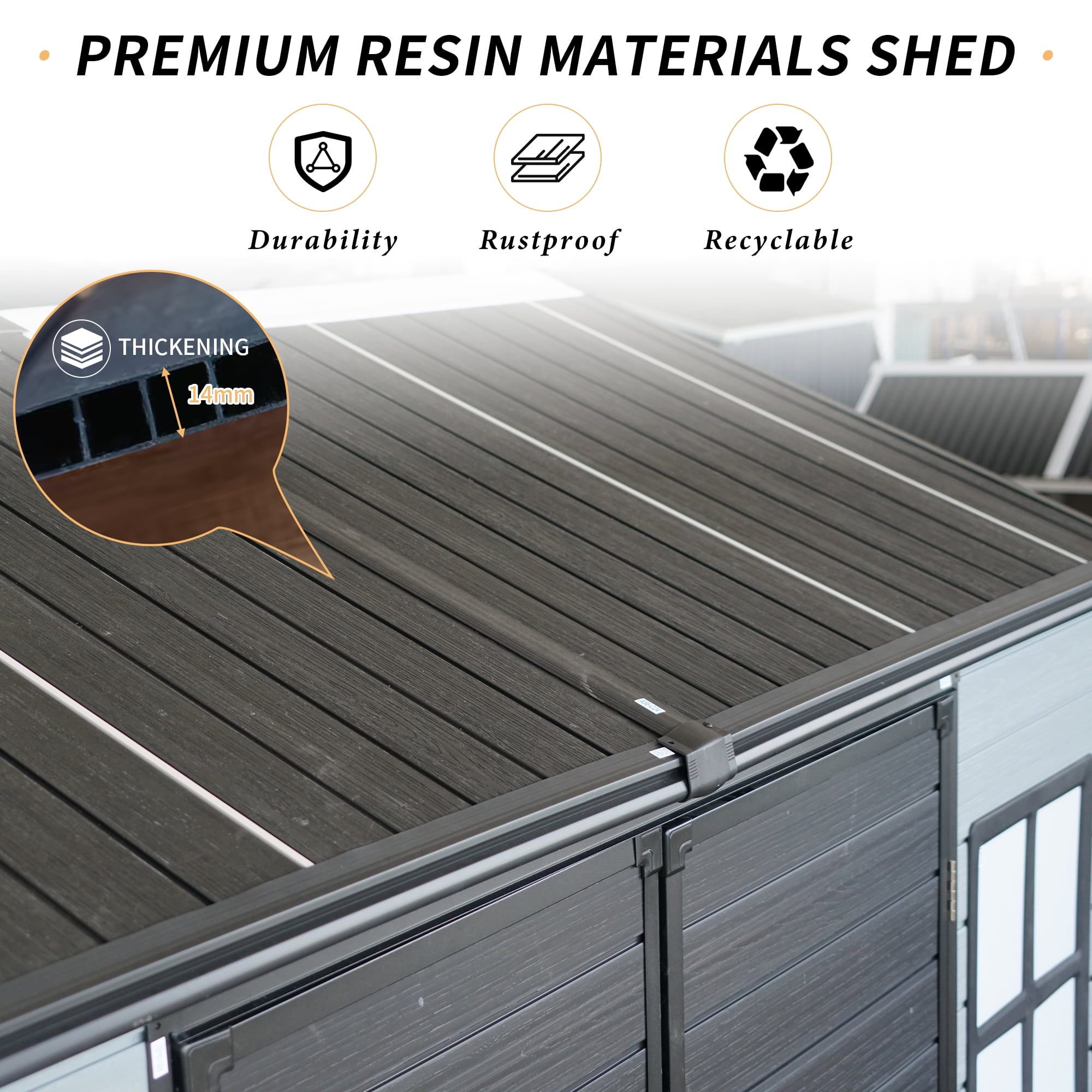 8x4ft Resin Outdoor Storage Shed with Reinforced Floor and 2 Windows, Heavy Duty Plastic Garden Tool Shed for Patio, Backyard, with Lockable Door for Bicycles, Lawn Mower - Gray/Black