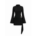 thumbnail image 3 of Women Casual Mini Dress Bell Long Sleeve Boat Neck Tie Waist Bodycon Dresses Knitted Party Black S, 3 of 9