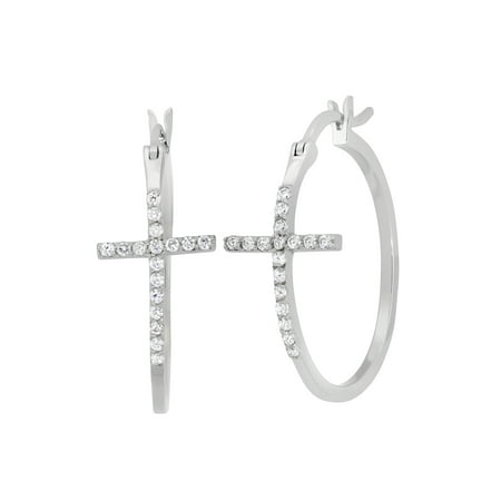 Cz Sterling Silver Sideways Cross Hoop Earrings Cz Sterling Silver Sideways Cross Hoop Earrings