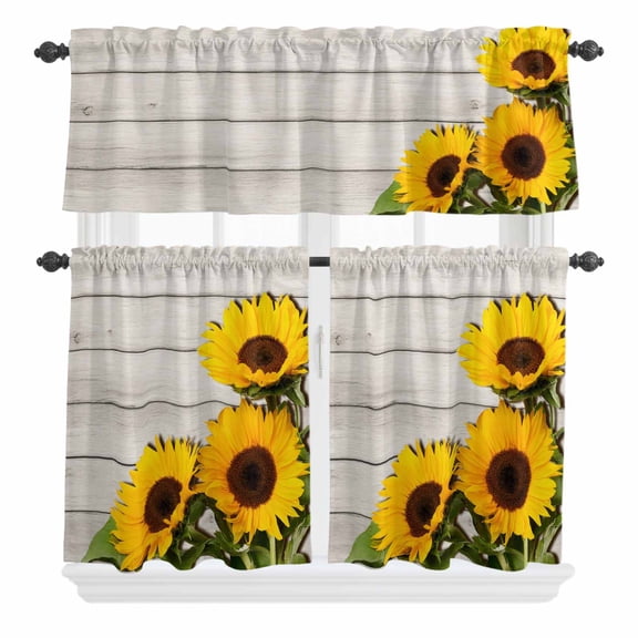 3 Piece Kitchen Curtains and Valances Set Spring Sunflowers Cafe Curtains 24 Inch Length Yellow Floral Turquoise Farmhouse Grey Wooden Valance & Tier Curtain for Living Room Bedroom 54"x18" 27"x24"*2