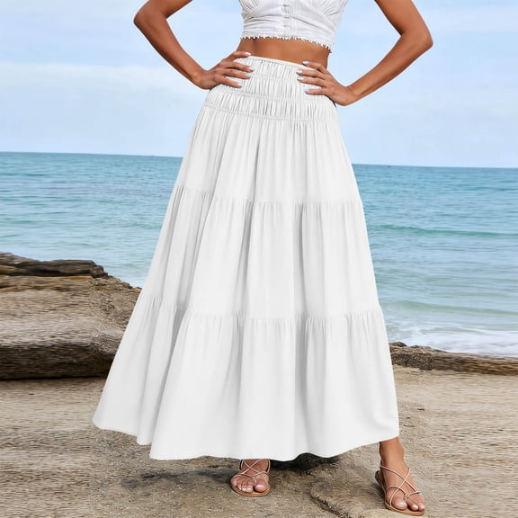 Dxzfnsa Women's Summer Maxi Skirts Womens Trendy High Waist Pleated Ruffle Long Skirts Comfortable Flowy Solid Color Elastic Waist Beach Skirts