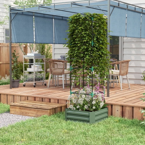Auto Beyond Galvanized Raised Garden Bed, 24" x 24" x 11.75" Outdoor Planter Box with Trellis Tomato Cage and Open Bottom for Climbing Vines, Vegetables