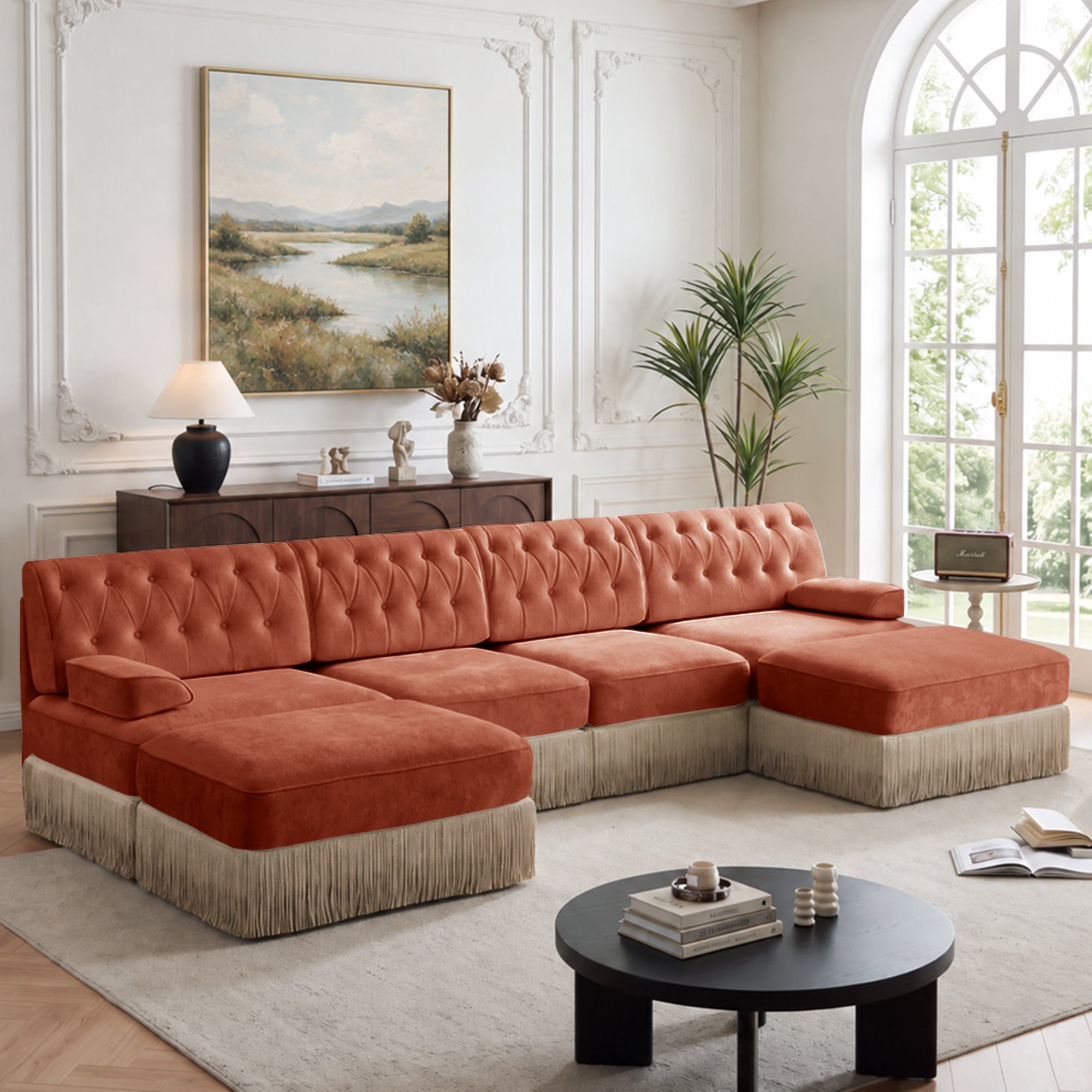 135" Chesterfield 4 Seater U-Shaped Modular Sectional Sofa Set with 2 Ottoman and Tassel Skirt, Easy to Assemble