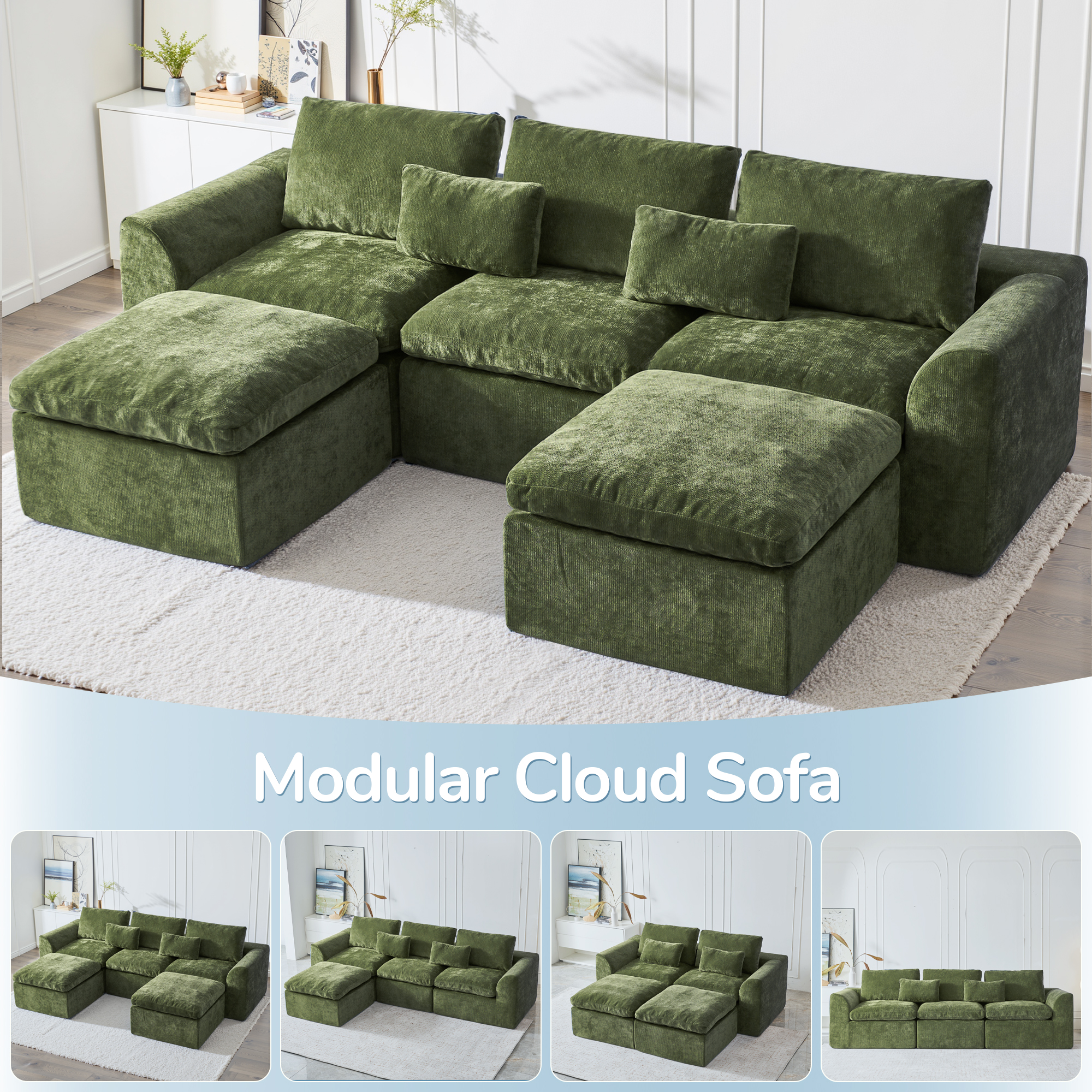 YINIX 120" Modular Sectional Sofa with Movable Ottomans, U-Shaped Couch for Living Room, No Assembly Required, Green