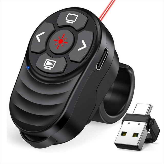 Clicker de Presentación Inalámbrico USB Tipo C Recargable, Clicker de PowerPoint para Presentaciones con Anillo de Dedo con Puntero Luminoso