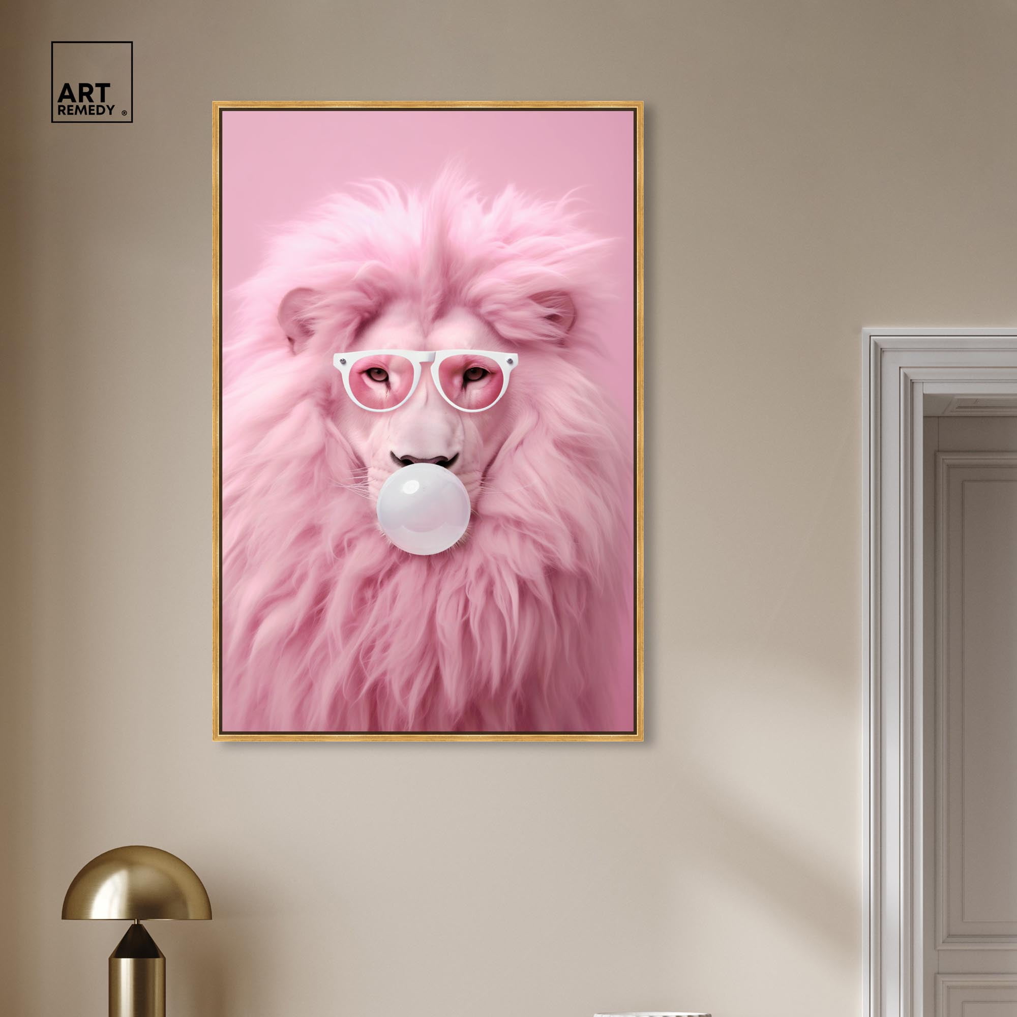 Majestic Bubblegum Lion Canvas Fashion Prints by Art Remedy, Gold Frame, 30" x 45"