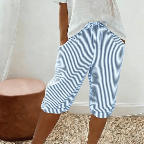 Cagogo Cotton Linen Plus Size Capri Pants for Women Drawstring Casual Striped Regular Fit Basic Cropped Lounge Pants Workout Beach Summer Fashion, Blue 2XL
