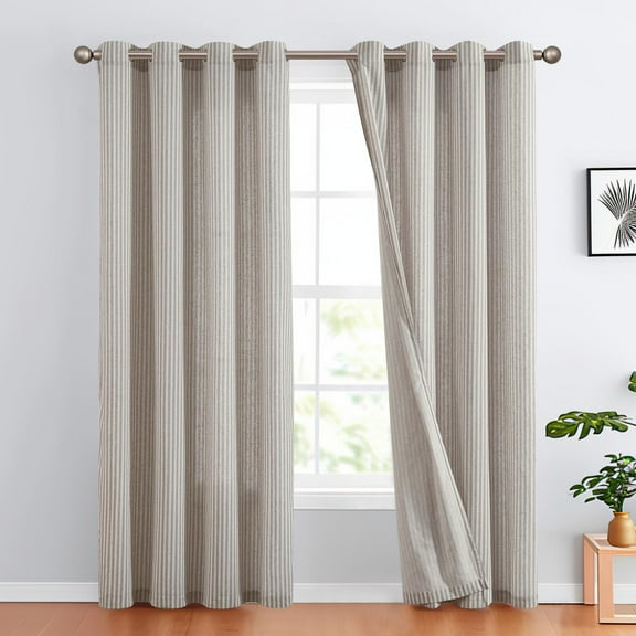 Curtainking Linen Stripe Grommet Curtains 50x84 inch Farmhouse Light Filtering Drapes for Living Room 2 Panels Grey