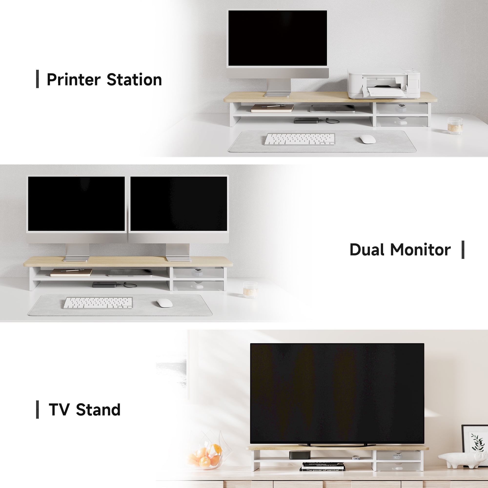 Fenge 42.5 in Dual Monitor Riser with Drawer, 2 Tier Wood and Acrylic Desk Organizer