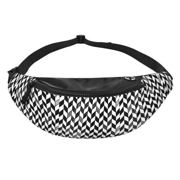 Women Men Black White Lattice Pattern Crossbody Fanny Waist Bag Pack Belt Bag for Travel Hiking