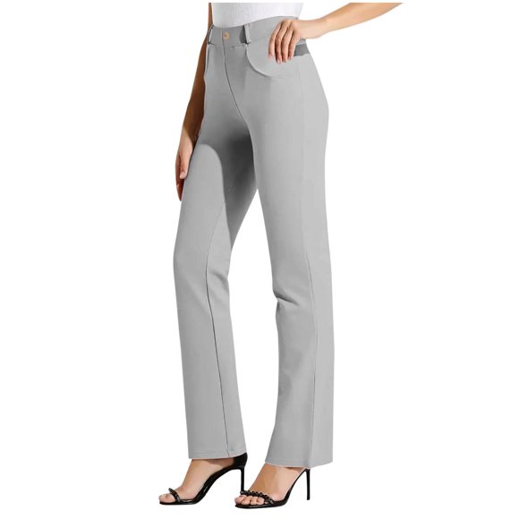 Ecqkame Women's Dress Pants Solid Color Straight Elastic High Waist Business Trousers Button Casual Work Office Pant Gray S