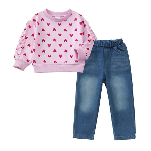 5T Kids Girls Clothes 6 Years Girls Fall Winter Pant Set Little Girls Long Sleeve Round Neckline Heart Print Top Jeans Pants 2PCS Outfits Set Pink