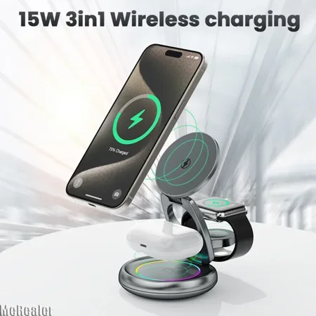 Rasdwt 3-in-1 Foldable Magnetic Wireless Charger Stand – 15W Fast Charge with Night Light & Includes 30W Adapter, Portable Charging Pad for iPhone, Apple Watch & AirPods 2/3, Home, Office, Travel ?