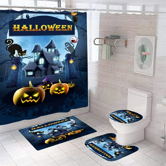 Joyeuse Halloween Château Bleu Ensemble de Rideau de Douche 4 Pcs avec Tapis Antidérapants, Couvre-Couvercle de Toilette et Tapis de Bain, Rideaux de Douche Durables et Imperméables avec 12 Crochets (Château Bleu)