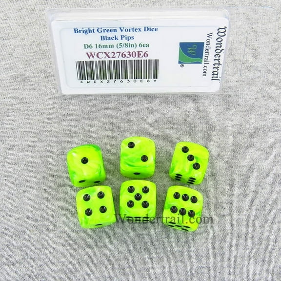 Bright Green Vortex Dice with Black Pips 16mm (5/8in) D6 Set of 6 Wondertrail