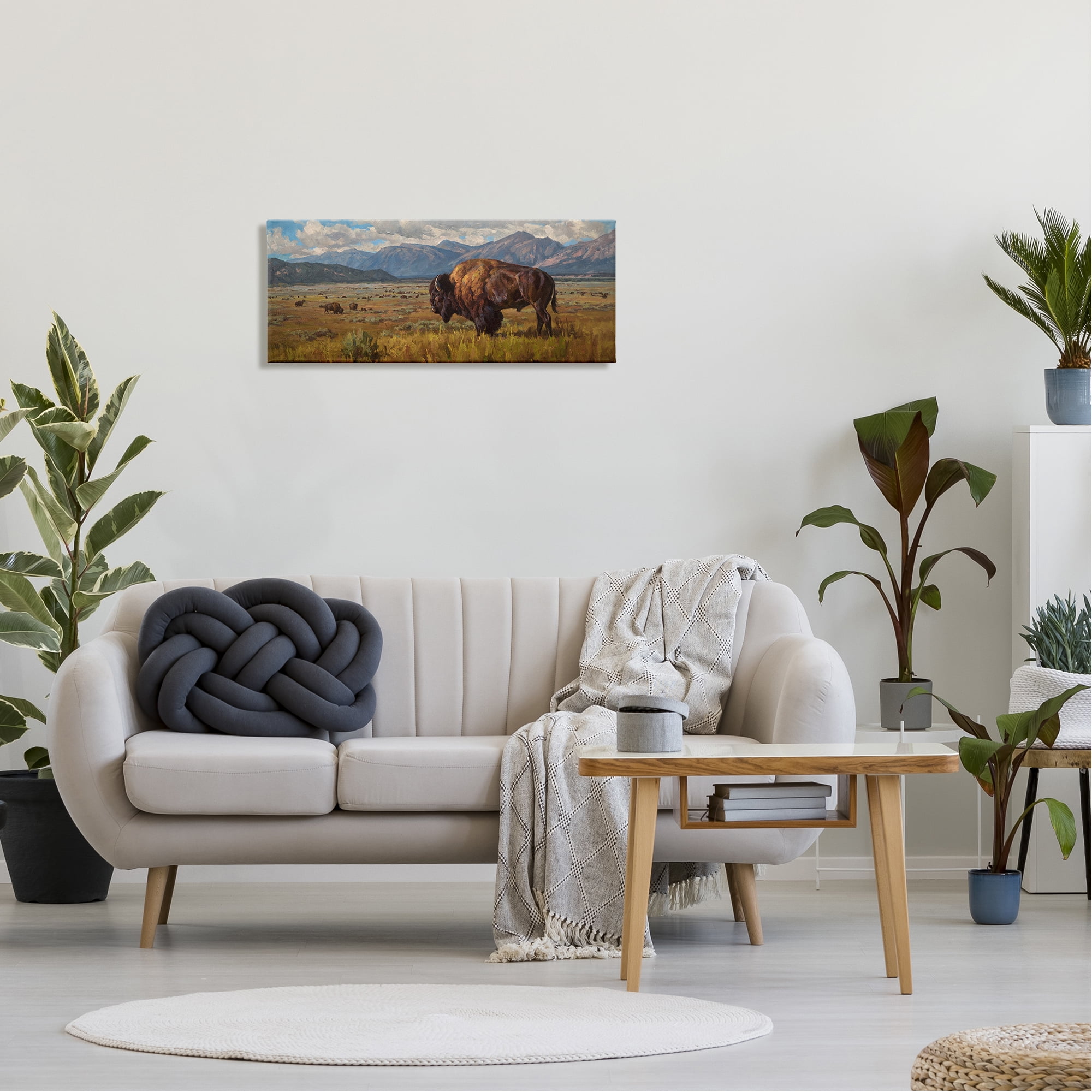 Stupell Industries Bison Grazing in Valley Animals & Insects Painting Gallery Wrapped Canvas Print Wall Art, 30 x 13