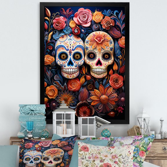 Designart "Day of the Dead in Mexican Art IV" People Framed Wall Art - Global White Mexican Art Entryway Framed Wall Art