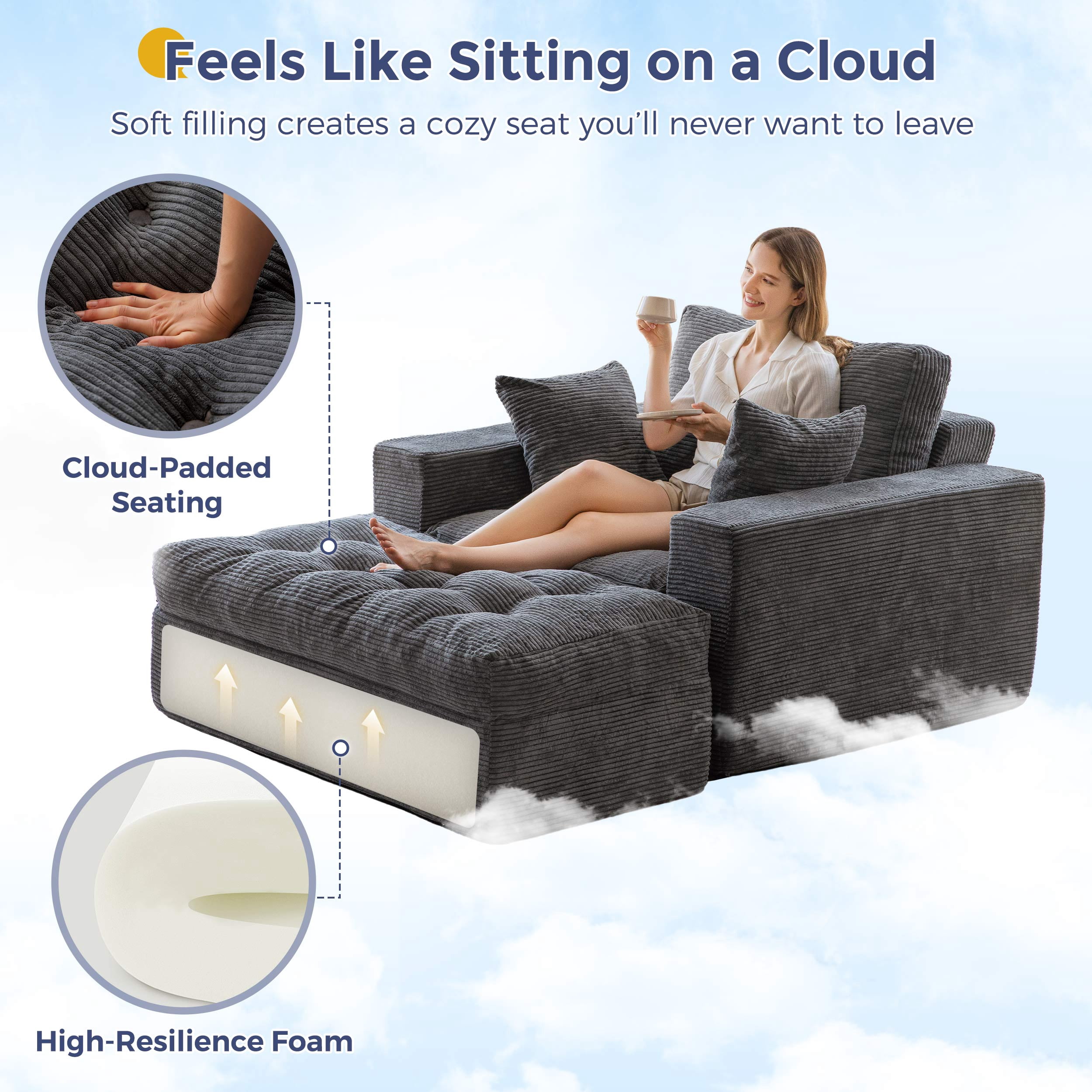 BYBYME Chaise Lounge Chair Indoor,Cloud-Plush Corduroy Boneless Floor Sofa Bed,Cozy Sleeper Couch with Pillows for Living Room with Ottoman,Dark Grey