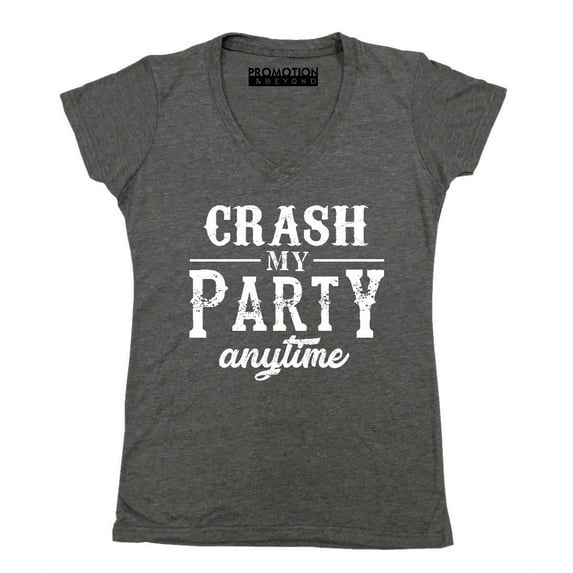 P&B Crash My Party Anytime Funny Women's V-neck, Heather Charcoal, 2XL