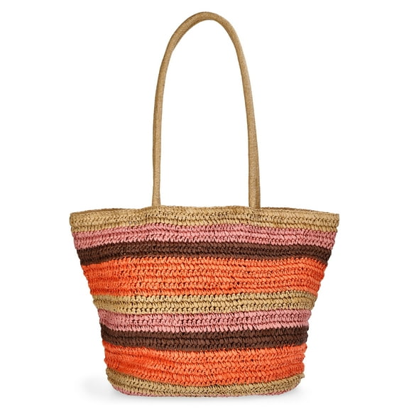Time and Tru Women's Striped Straw Tote Bag, Peach