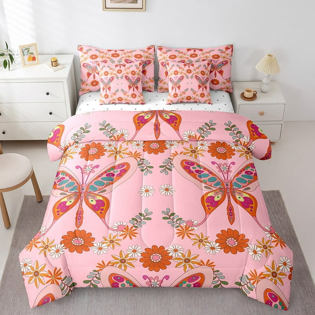 YST Groovy Butterfly 7 Piece Comforter Set, Queen, Vintage Flower Farmhouse Floral Bedding