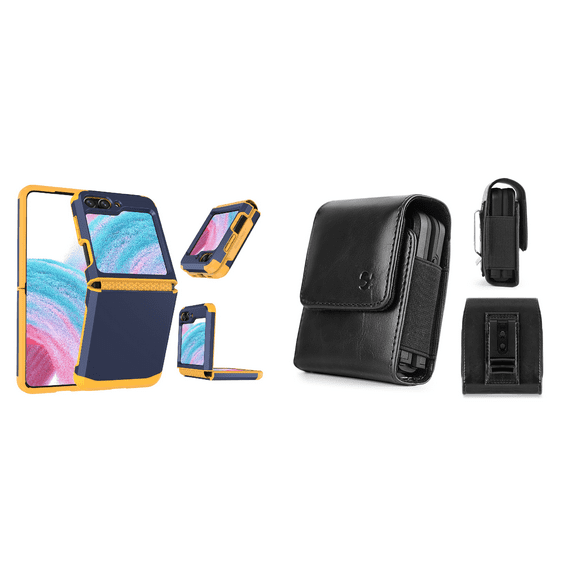Bemz Phone Case for Galaxy Z Flip 5 with Tough Rugged Dual Layer Armor (Hinge Protection) Cover, PU Leather Magnetic Closure Loop Belt Holster Pouch (Blue Yellow)