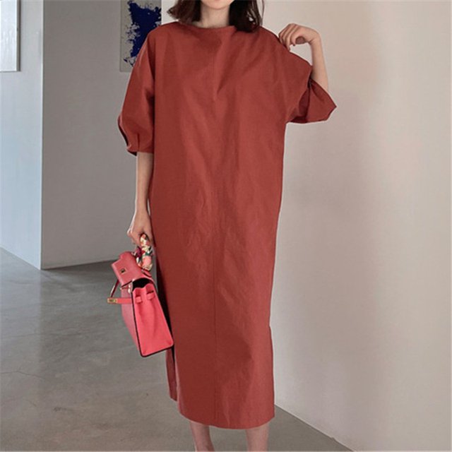 JUNWELL 2024 Nouvelles Robes d'Été en Lin pour Femme Minimaliste Rétro à Col Rond Robe Droite Décontractée pour Femme