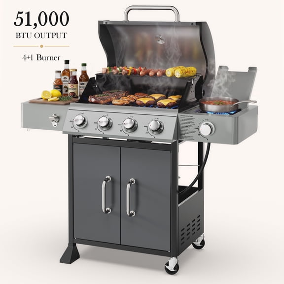 Seizeen Gas Grill with Side Burner, 51,000 BTU Outdoor BBQ Grill w/Porcelain-Enameled Cast Iron Grates, 4-Burner Portable Propane Grill on Wheelsfor Patio Backyard
